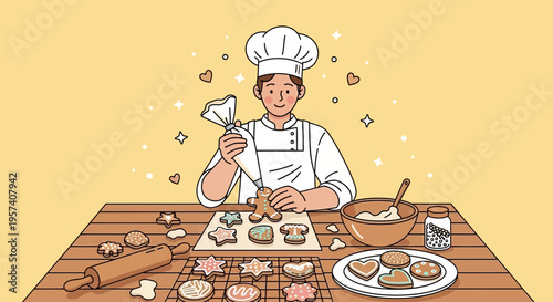 Baker decorating gingerbread cookies with icing bag, festive holiday baking scene