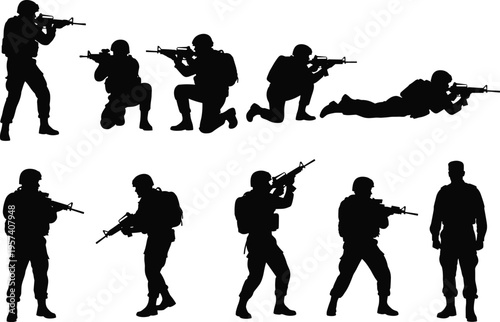 Military soldiers silhouettes set in multiple combat positions, armed army troops aiming rifles, tactical defense forces, security operations isolated background