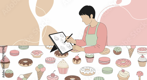 Baker designs pastries on tablet, surrounded by colorful sweets and desserts.