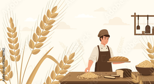 Baker holding fresh bread in wheat field, artisanal baking, healthy food concept