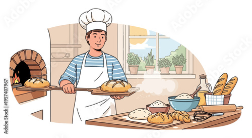 Baker taking fresh bread from oven, artisanal baking, homemade food preparation