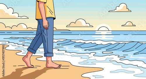 Barefoot person walking on a sandy beach at sunset, gentle waves lapping the shore.