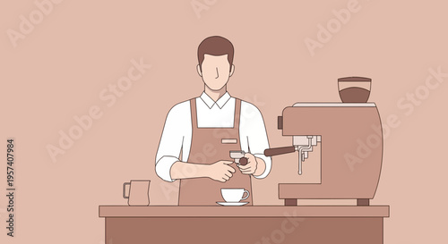 Barista making coffee with espresso machine, preparing a hot drink for customer