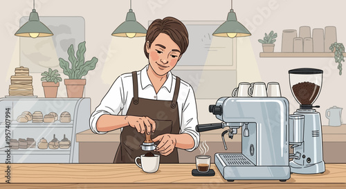 Barista making espresso with coffee machine in cozy cafe, close-up on hands and equipment