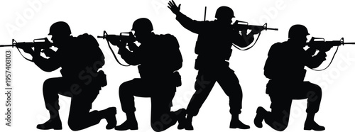 military soldiers silhouette, armed forces team, combat operation, tactical squad, army attack, defense mission, war concept, security force action
