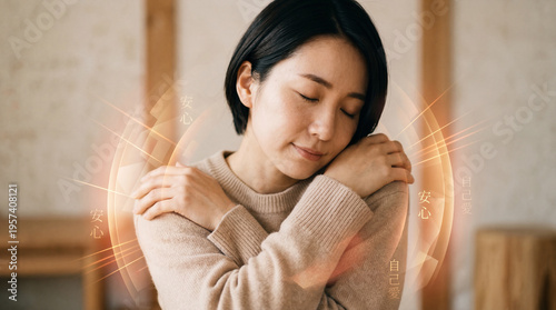 A woman embraces herself, representing self-love and self-care. The image evokes feelings of serenity and acceptance, showcasing a moment of inward connection.