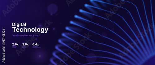 Digital Transformation Background with Neon Data Streams Glowing Particles. Futuristic Big Data Analytics, Artificial Intelligence and Modern Computing Systems. Vector Illustration.