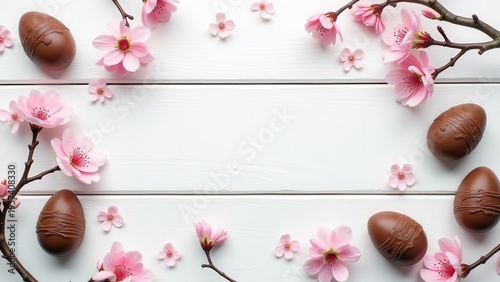 stylish easter chocolate eggs with cherry blossom on rustic white table flat lay border with copy space