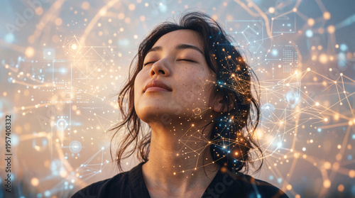 A woman finds inner peace. She closes her eyes and is immersed in an abstract network of interconnected lines and dots. The image symbolizes thought and connection. 