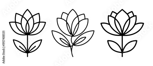 A set of three black and white minimalist lotus flower line art icons on a plain white background. Elegant geometric designs perfect for yoga spa and wellness branding.