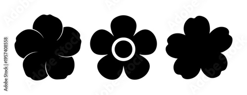 Three distinct black flower petal silhouettes arranged horizontally on a clean white background. Minimalist flat vector icons suitable for floral patterns and spring designs.