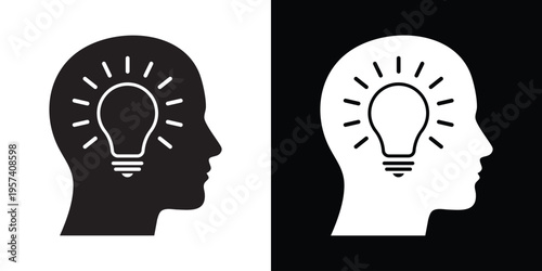 Silhouette of a human profile with a glowing light bulb inside the head. Symbolizing a bright idea, inspiration, creativity, and innovative thinking. Vector icon in black and white.