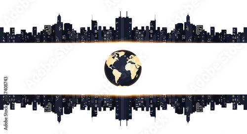 Illustration of a cityscape with a dark silhouette and a glowing yellow earth in the center, symbolizing Earth Hour and climate awareness on a white background with a minimalist design