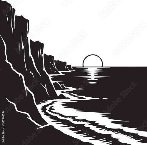 Black and white cliffside ocean sunset vector, serene landscape silhouette, rocky shoreline illustration, monochromatic seascape