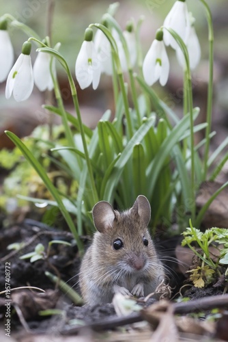 House mouse (Mus musculus) looking out of its burrow, Hesse, Germany