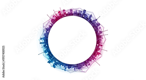 A colorful illustration of a cityscape forming a circle for Earth Hour with a dark background and a gradient of pink, purple, and blue hues conveying climate awareness and lights off