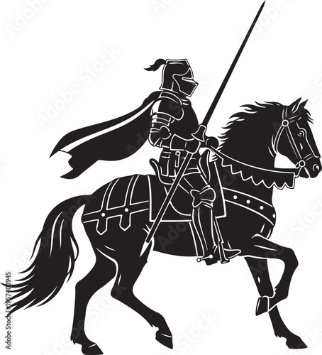 Medieval knight, armored warrior, horseback rider, black silhouette, vector illustration