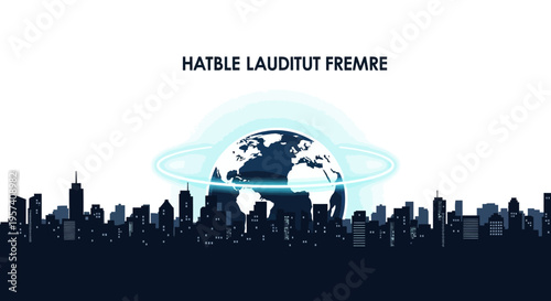 Illustration of a dark cityscape with a glowing blue Earth surrounded by a halo, symbolizing Earth Hour and climate awareness, against a white background