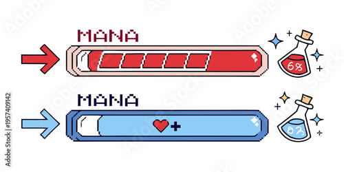 Health bar video game pixel style element. Mana indicator 8 bit set. voctor



