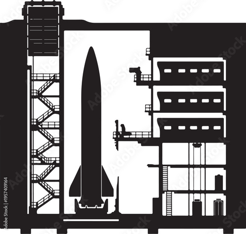 Rocket, spacecraft, launchpad, industrial, black and white, vector illustration, space exploration, aerospace