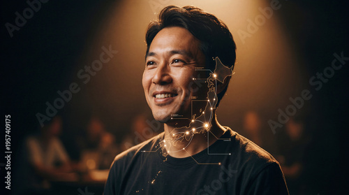An individual, his face illuminated with technology, smiles with authentic happiness. Captured with artistic lighting, the image emphasizes connection, future and innovation.