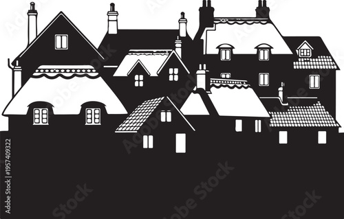 Black and white, snow-covered houses, village scene, vector illustration, winter landscape