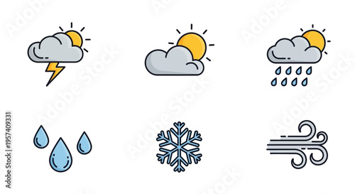 A set of modern weather icons depicting various meteorological conditions including clouds, sun, rain, snow, wind, and thunderstorm, designed for educational and business use in climate