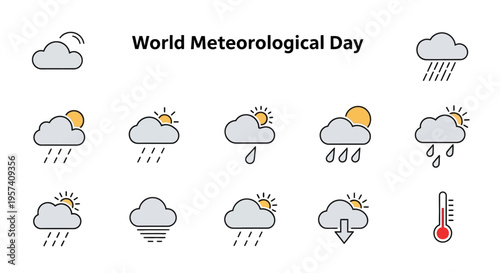 A set of modern weather icons depicting various meteorological conditions for World Meteorological Day, including clouds, sun, rain, snow, and temperature symbols, against a clean white