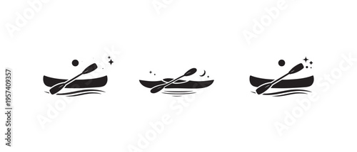 Adventure Branding set of Kayak Canoeing Silhouette Vector Icon and Paddle Night Icon Set