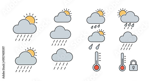 A set of modern weather icons depicting various meteorological conditions including clouds, sun, rain, snow, wind, and temperature symbols on a white background for education and business
