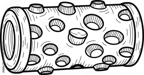 Hand-drawn vector illustration of a cylindrical cheese grater with holes, black and white sketch