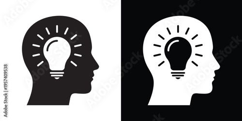 Silhouette of a human profile with a glowing light bulb inside the head. Symbolizing a bright idea, inspiration, creativity, and innovative thinking. Vector icon in black and white.