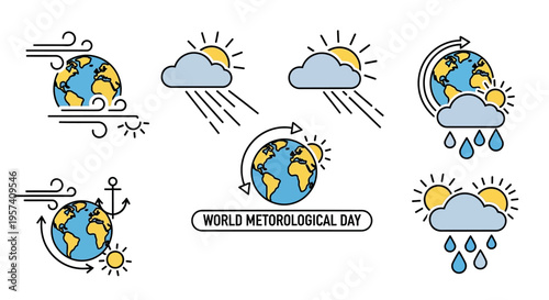 A set of modern weather icons featuring the Earth with various climate conditions on World Meteorological Day for education and science, including rain, sun, cloud, wind, and temperature