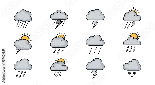 A set of modern weather icons depicting various meteorological conditions including rain, sun, clouds, and thunderstorms in a graphic design