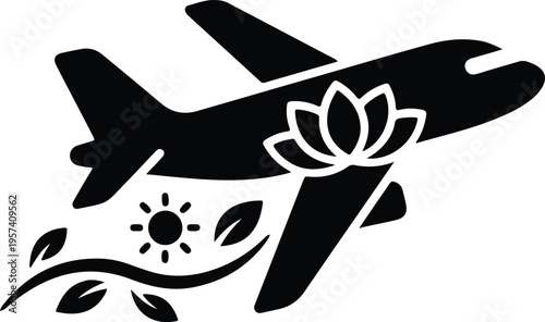 Airplane Silhouette with Floral Lotus Travel Design,
Black airplane icon combined with lotus flower and leafy swirl elements, symbolizing travel, nature, harmony, and eco friendly aviation concept.