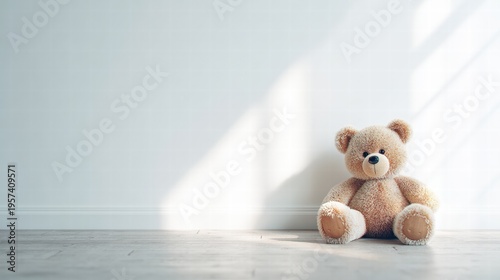 Soft Teddy Bear Sitting Alone on Wooden Floor in Bright Minimal Nursery With Sunlit Wall