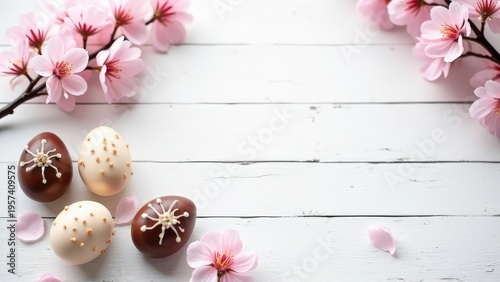 stylish easter chocolate eggs with cherry blossom on rustic white table flat lay border with copy space