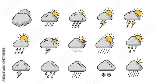 A set of modern weather icons depicting various climate and meteorological conditions, including rain, sun, clouds, and thunderstorms, for educational and business use in infographics