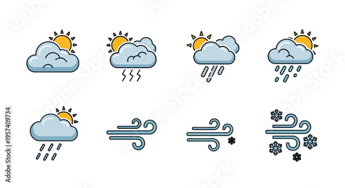 A set of modern weather icons depicting various meteorological conditions including sun, cloud, rain, thunderstorm, wind, and snow, designed for educational and business use in climate
