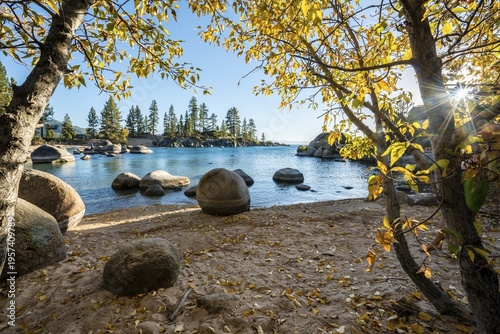 Round stones in turquoise water, Lake Tahoe Bay, Sand Harbor State Park, shore, California, USA