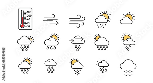 A set of modern weather icons depicting various meteorological conditions including clouds, rain, sun, wind, and temperature, designed for educational and business use in illustrating