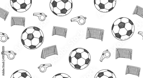 Soccer seamless pattern vector with football balls, goals, and whistles in hand-drawn sketch style