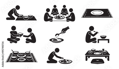 Traditional meal preparation and communal dining scenes depicted in icons