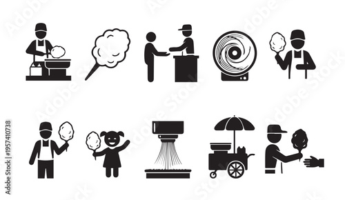 Various scenes and methods of cotton candy preparation and serving