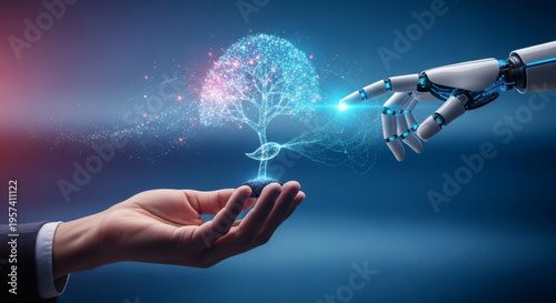 A concept image of a human hand holding a seed that transforms into a digital tree grown by a robotic hand. Symbolizes AI-driven growth, innovation, and future development.