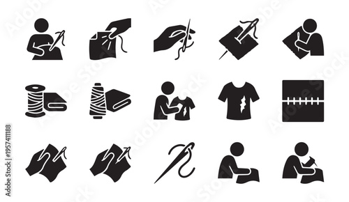 A collection of icons depicting various sewing and garment crafting activities