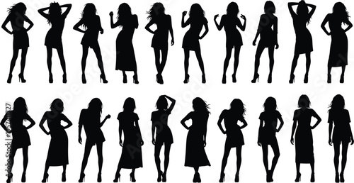 women silhouettes collection, fashion poses set, stylish female figures, black shadow models, isolated on white, modern lifestyle, beauty elegance concept
