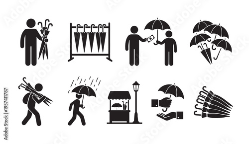 Everyday scenes depicting various activities involving umbrellas and walking sticks