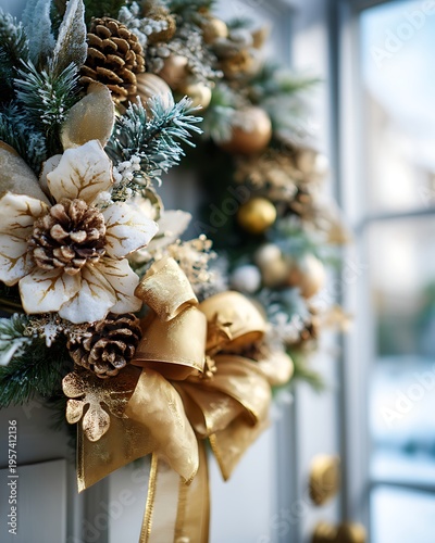 Wallpaper Mural Elegant Christmas wreath adorned with white flowers, pine cones, gold ornaments, and a luxurious gold bow for festive home decoration Torontodigital.ca