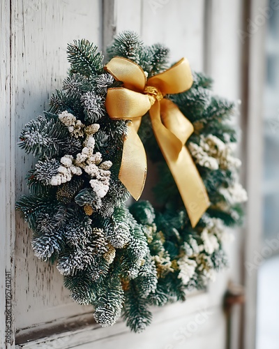 Wallpaper Mural Beautifully Decorated Christmas Wreath with Gold Bow and Frosted Pine, Perfect for Holiday Decor or Winter Celebration Themes Torontodigital.ca